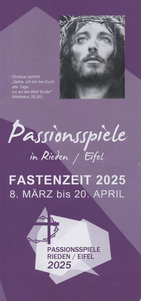 Ankündigungsplakat zu den Passionsspielen 2025 in Rieden in der Eifel mit Jesus-Darstellung.