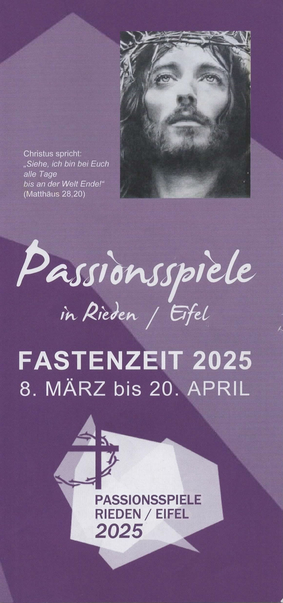 Ankündigungsplakat zu den Passionsspielen 2025 in Rieden in der Eifel mit Jesus-Darstellung.