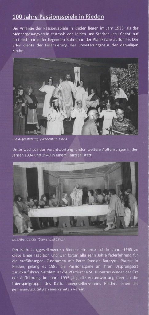 Flyerseite mit historischen Schwarz-Weiß-Fotos zu „100 Jahre Passionsspiele in Rieden“.