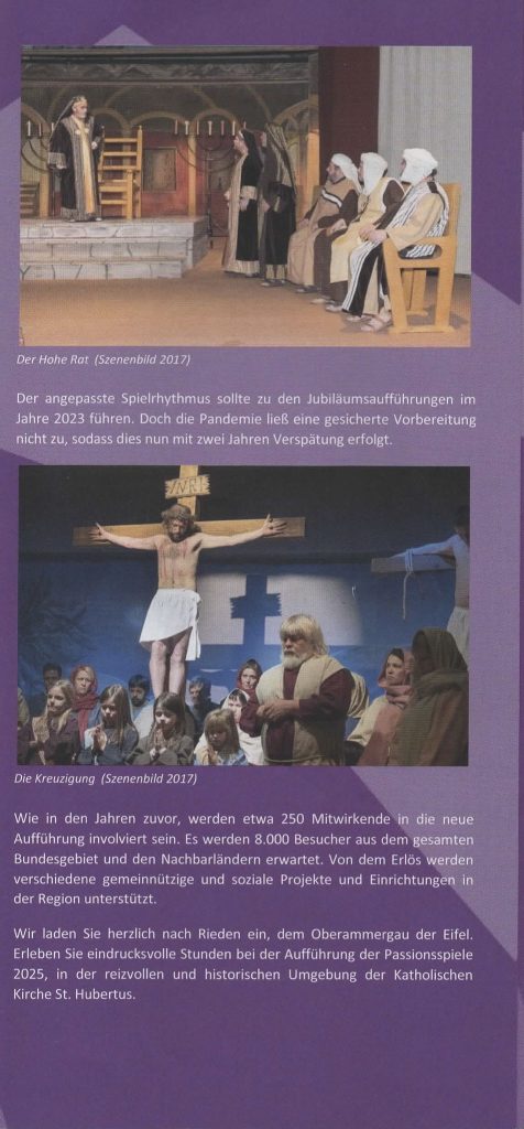 Flyerseite mit Szenenbildern der Passionsspiele Rieden zu den Darstellungen „Der Hohe Rat“ und „Die Kreuzigung“.